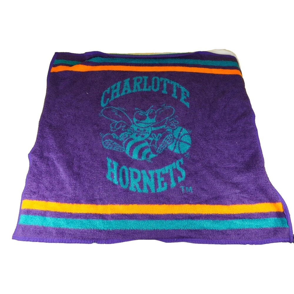 Vintage 90s Charlotte Hornets Fleece Blanket Stadium Purple Biederlack 50x46